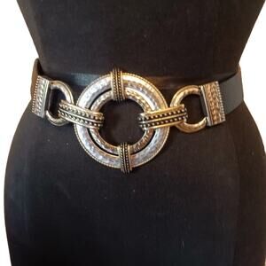 Chico's Hammered Silver Gold Metal Round Adjust M/L Black Genuine Leather Belt